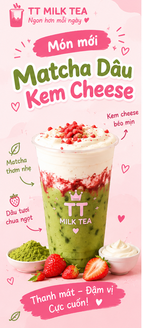 🌸 Ra Mắt Món Mới – Matcha Dâu Kem Cheese Cực Cuốn